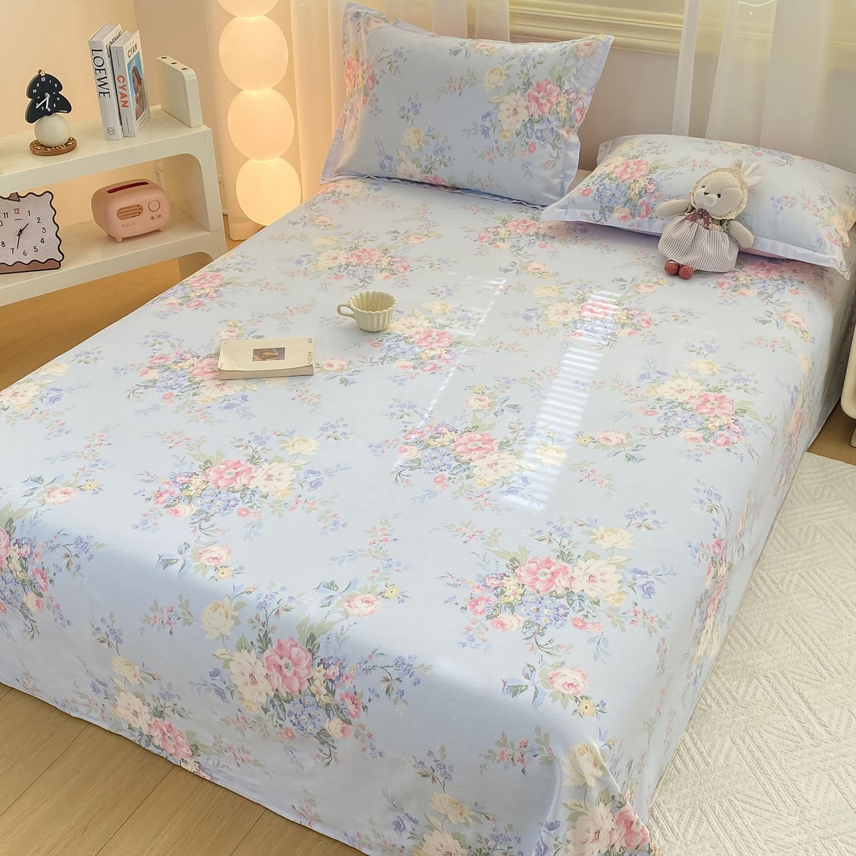 91家纺网 家纺一手货源 找家纺 女子家纺 2026新款全棉印花小清新系列-单床单 栀夏海棠蓝