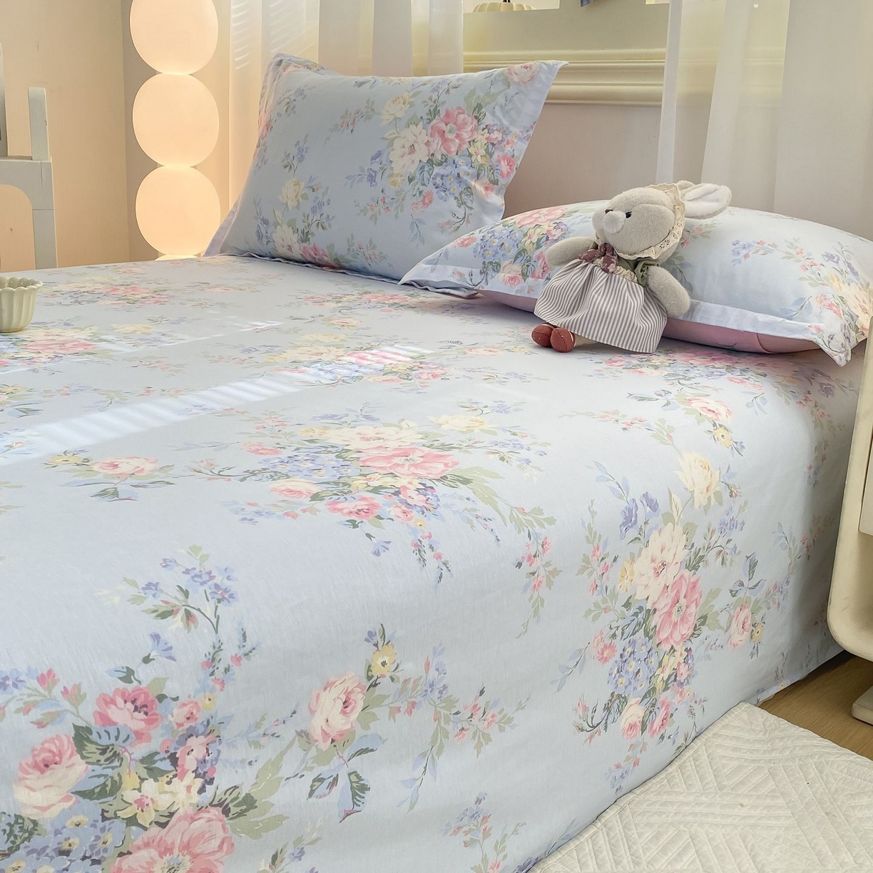 91家纺网 家纺一手货源 找家纺 女子家纺 2026新款全棉印花小清新系列-单床单 栀夏海棠蓝