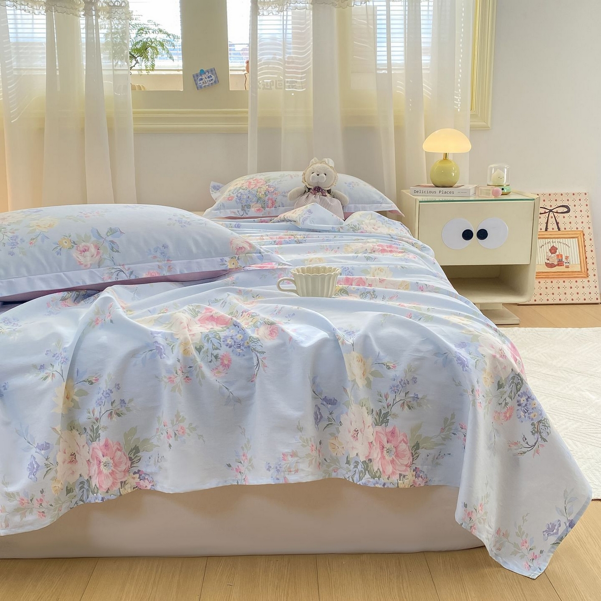 91家纺网 家纺一手货源 找家纺 女子家纺 2026新款全棉印花小清新系列-单床单 栀夏海棠蓝