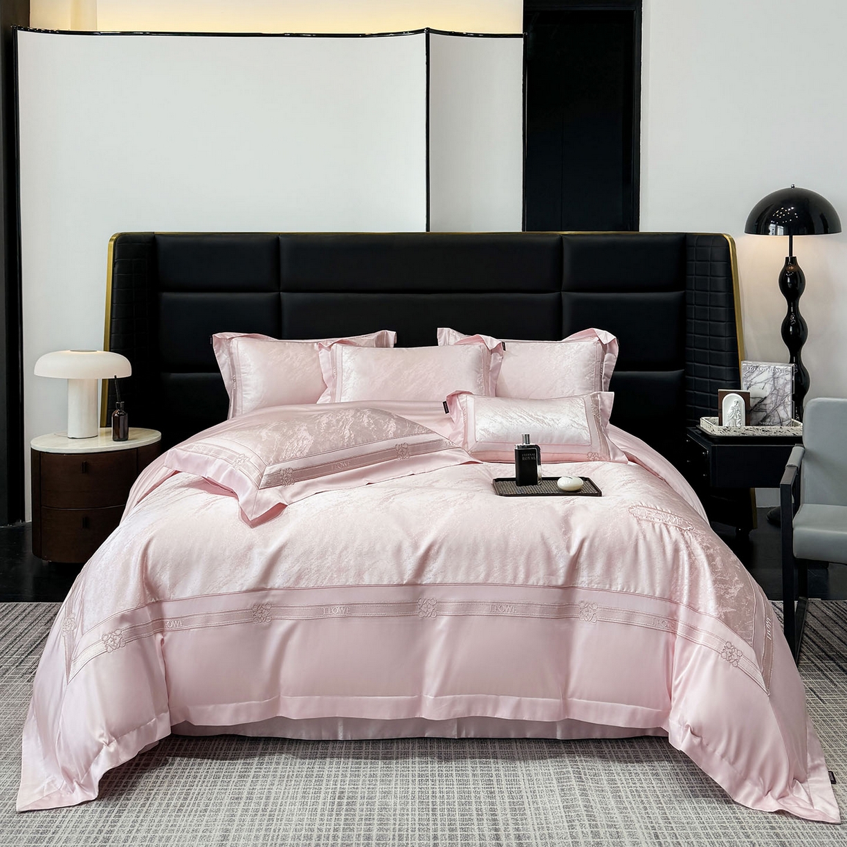 91家纺网 家纺一手货源 找家纺 爱妮菲家纺 2026春夏新品高端A类贡缎提花长绒棉纯棉四件套100全棉提花被套床单床笠高级感床上用品-慕笙 慕笙-香蜜粉