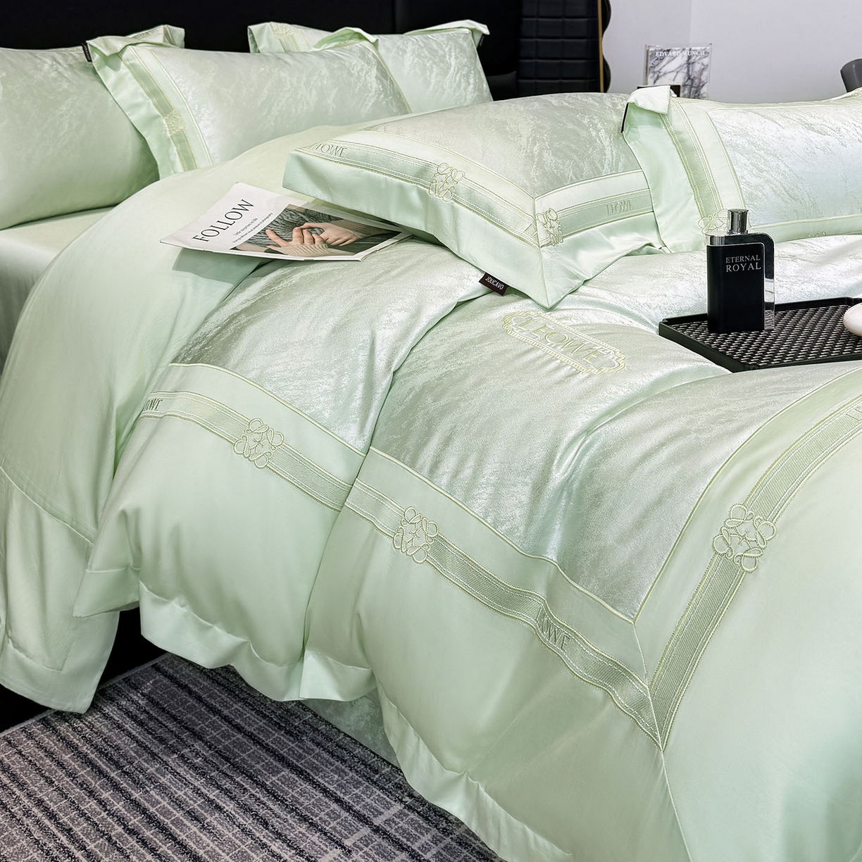 91家纺网 家纺一手货源 找家纺 爱妮菲家纺 2026春夏新品高端A类贡缎提花长绒棉纯棉四件套100全棉提花被套床单床笠高级感床上用品-慕笙 慕笙-浅松绿