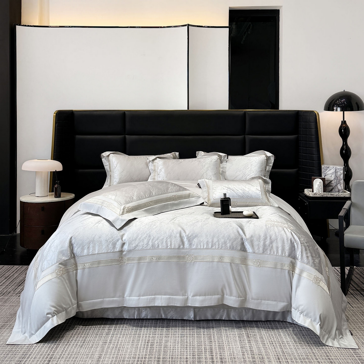 91家纺网 家纺一手货源 找家纺 爱妮菲家纺 2026春夏新品高端A类贡缎提花长绒棉纯棉四件套100全棉提花被套床单床笠高级感床上用品-慕笙 慕笙-蒂奥银