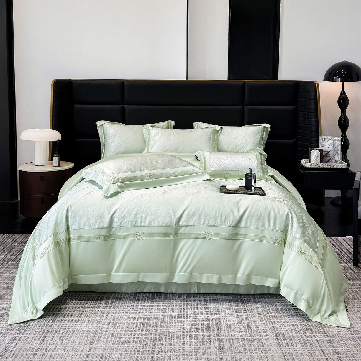 91家纺网 家纺一手货源 找家纺 爱妮菲家纺 2026春夏新品高端A类贡缎提花长绒棉纯棉四件套100全棉提花被套床单床笠高级感床上用品-慕笙 慕笙-浅松绿