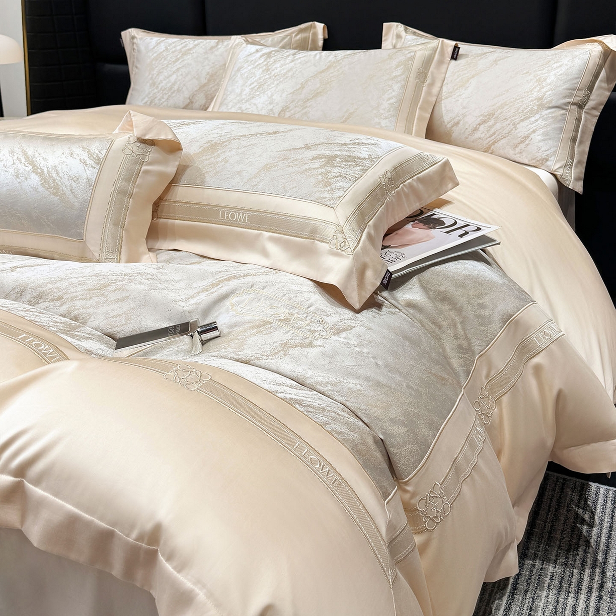 91家纺网 家纺一手货源 找家纺 爱妮菲家纺 2026春夏新品高端A类贡缎提花长绒棉纯棉四件套100全棉提花被套床单床笠高级感床上用品-慕笙 慕笙-疏影金