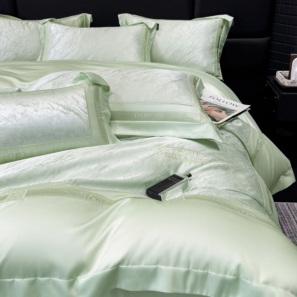 91家纺网 家纺一手货源 找家纺 乔利卡沃 2026春夏新品高端A类贡缎提花长绒棉纯棉四件套100全棉提花被套床单床笠高级感床上用品-慕笙 慕笙-浅松绿