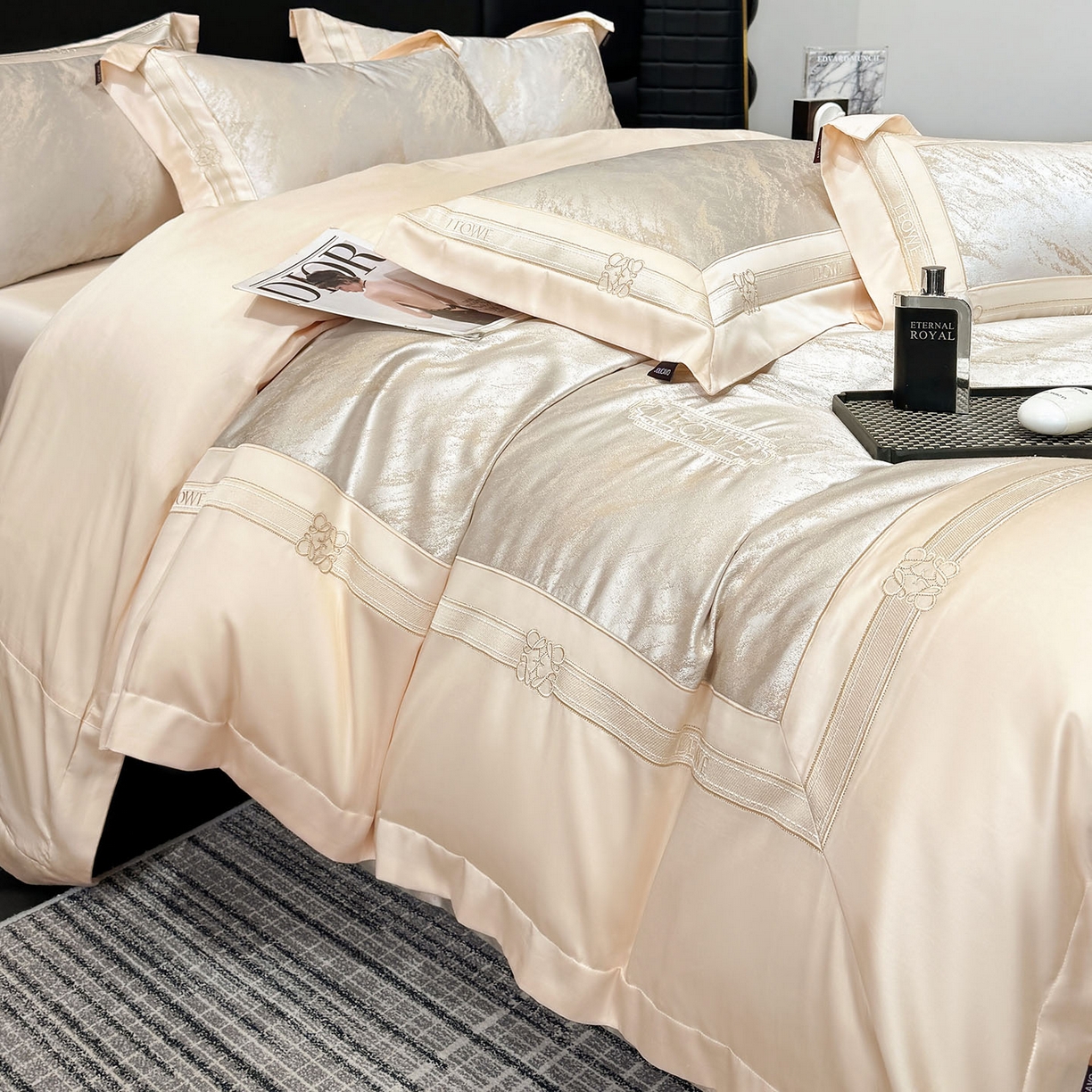 91家纺网 家纺一手货源 找家纺 乔利卡沃 2026春夏新品高端A类贡缎提花长绒棉纯棉四件套100全棉提花被套床单床笠高级感床上用品-慕笙 慕笙-疏影金