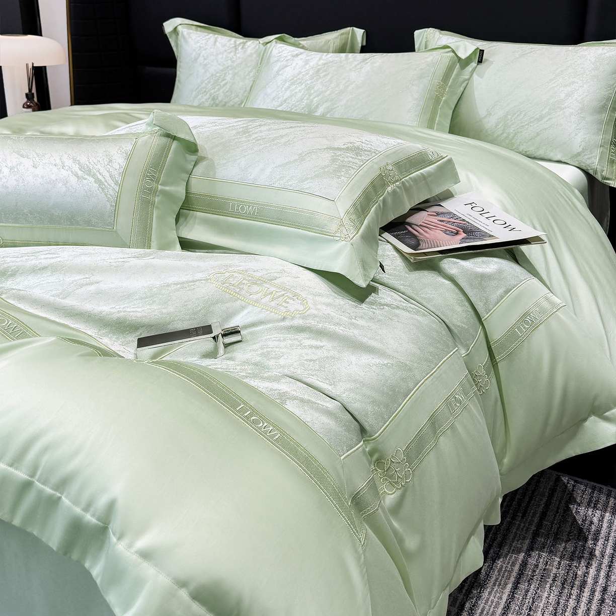 91家纺网 家纺一手货源 找家纺 乔利卡沃 2026春夏新品高端A类贡缎提花长绒棉纯棉四件套100全棉提花被套床单床笠高级感床上用品-慕笙 慕笙-浅松绿