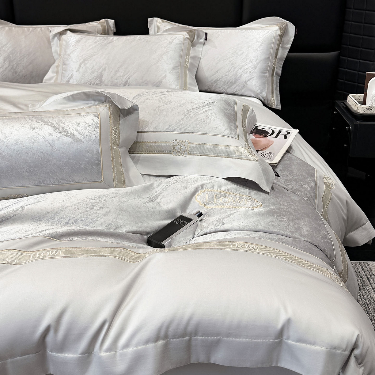 91家纺网 家纺一手货源 找家纺 乔利卡沃 2026春夏新品高端A类贡缎提花长绒棉纯棉四件套100全棉提花被套床单床笠高级感床上用品-慕笙 慕笙-蒂奥银