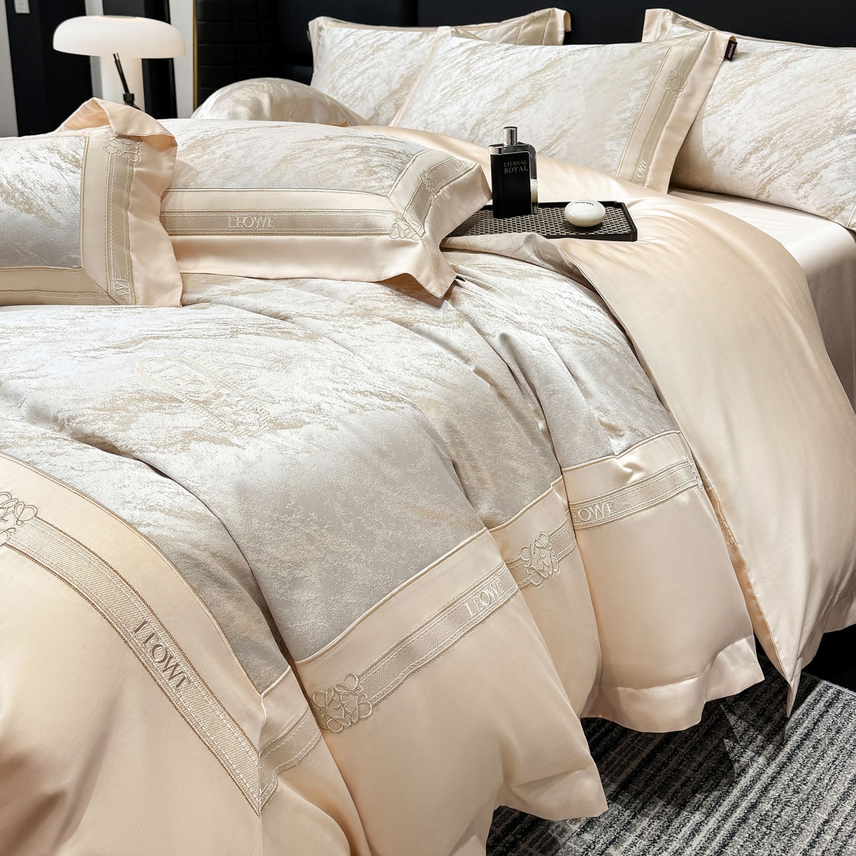 91家纺网 家纺一手货源 找家纺 乔利卡沃 2026春夏新品高端A类贡缎提花长绒棉纯棉四件套100全棉提花被套床单床笠高级感床上用品-慕笙 慕笙-疏影金