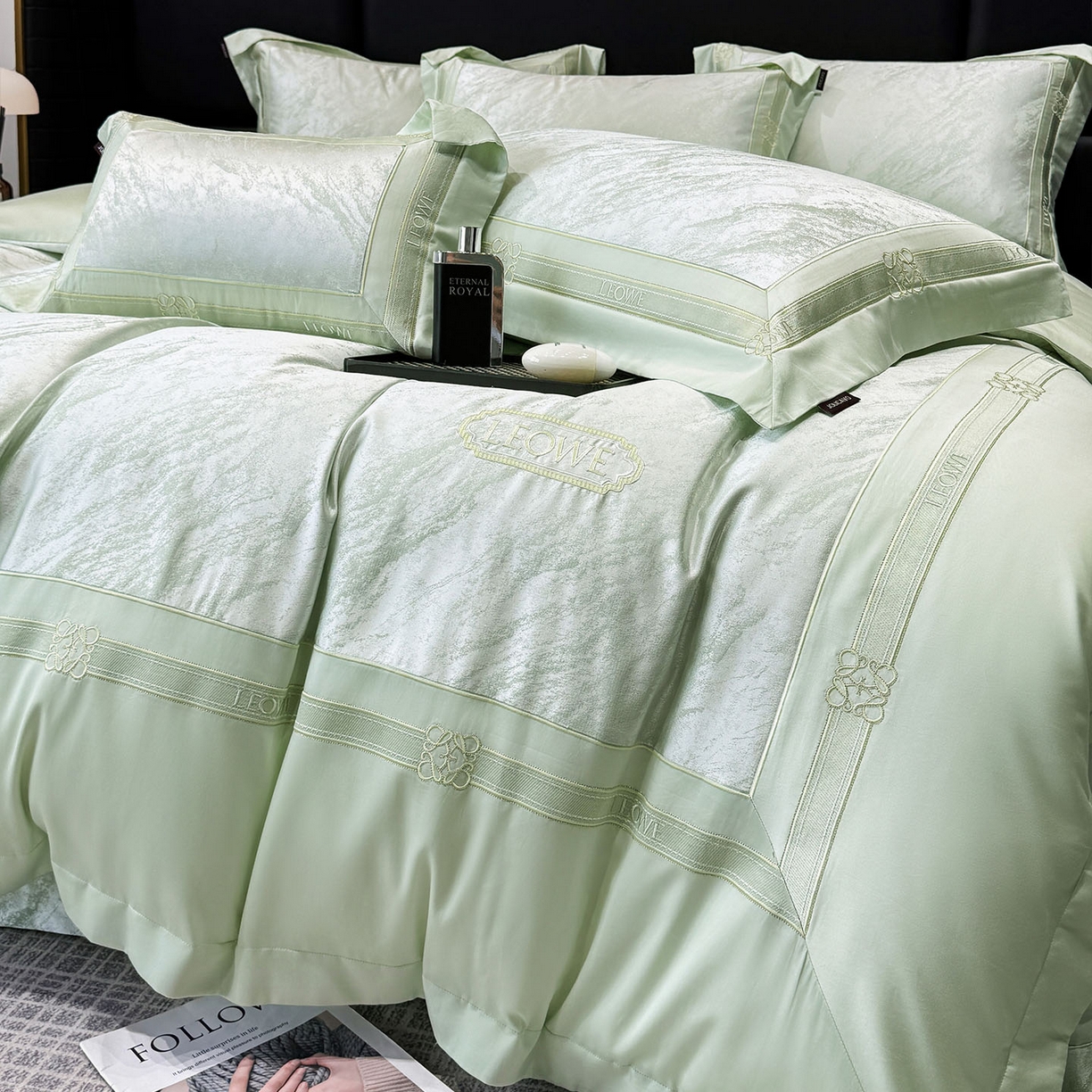 91家纺网 家纺一手货源 找家纺 乔利卡沃 2026春夏新品高端A类贡缎提花长绒棉纯棉四件套100全棉提花被套床单床笠高级感床上用品-慕笙 慕笙-浅松绿