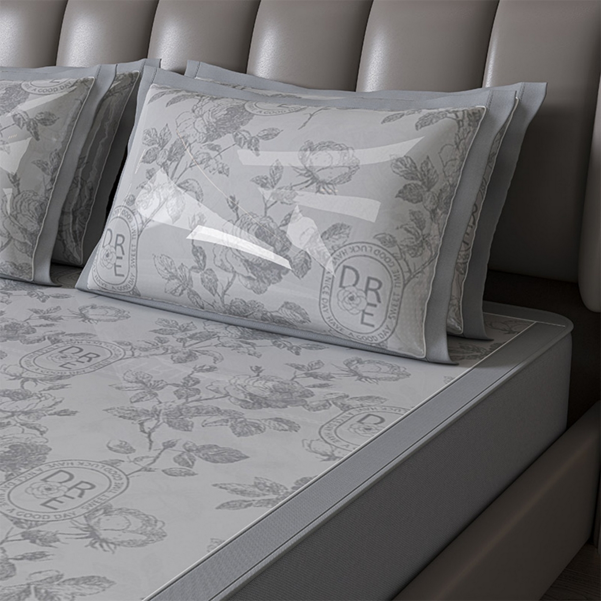 91家纺网 家纺一手货源 找家纺 小牛席业 2026春夏新款【建模风格】双PE高凉感-盛世蔷薇凉感冰丝席（床笠款） 盛世蔷薇-灰色