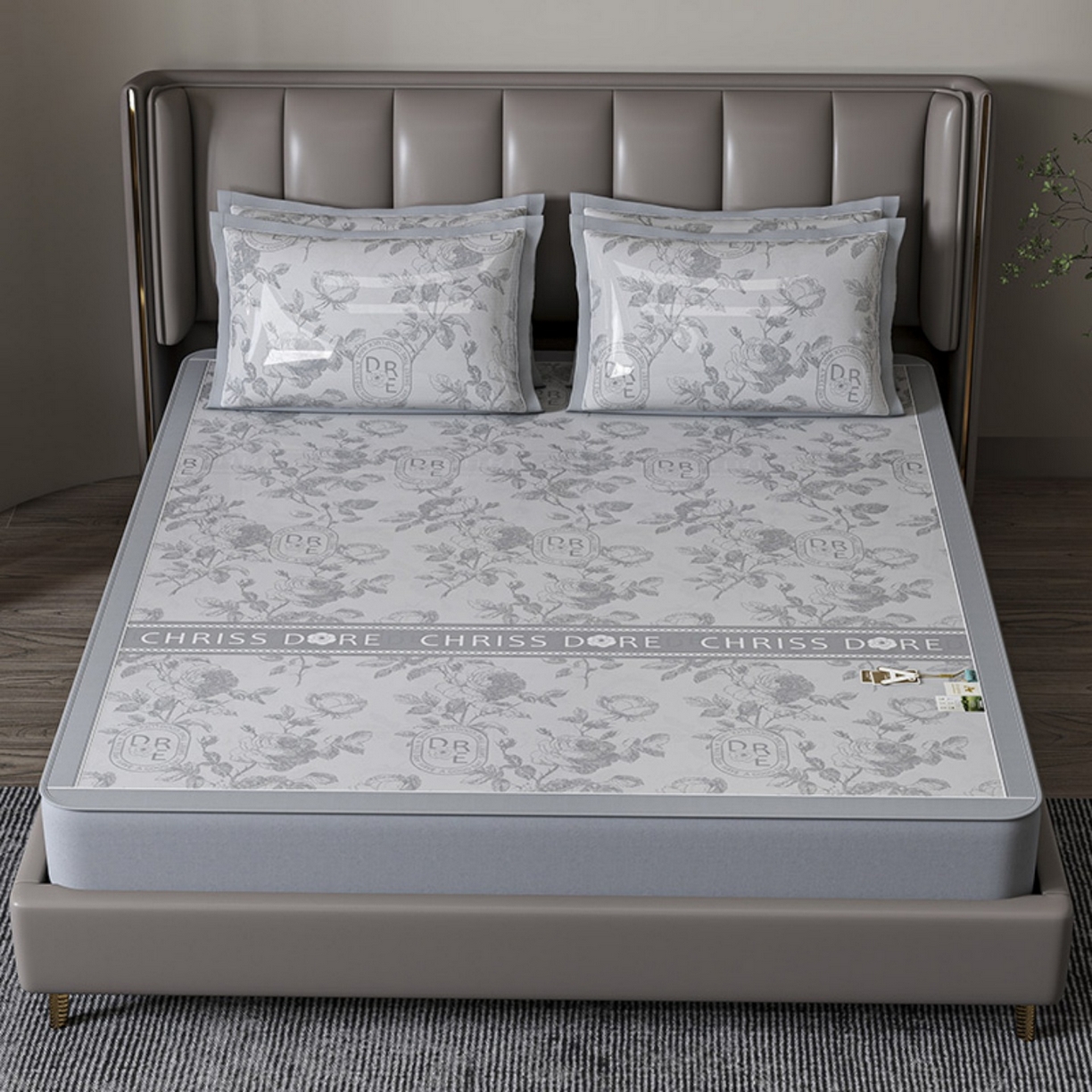 91家纺网 家纺一手货源 找家纺 小牛席业 2026春夏新款【建模风格】双PE高凉感-盛世蔷薇凉感冰丝席（床笠款） 盛世蔷薇-灰色