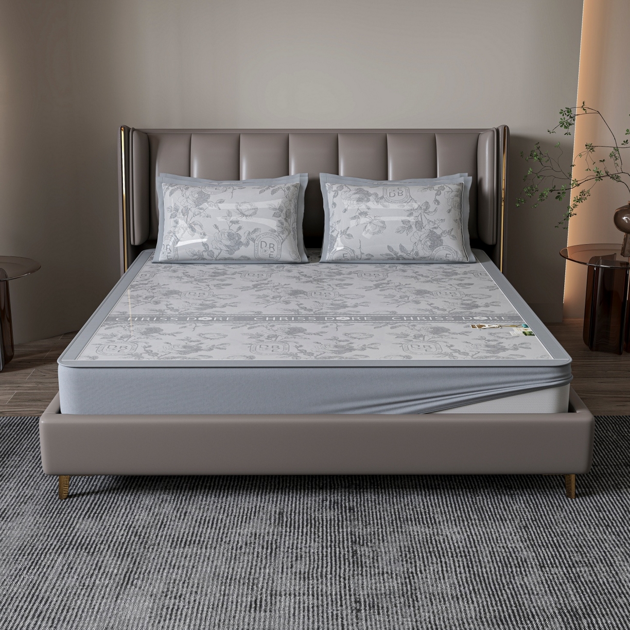 91家纺网 家纺一手货源 找家纺 小牛席业 2026春夏新款【建模风格】双PE高凉感-盛世蔷薇凉感冰丝席（床笠款） 盛世蔷薇-灰色