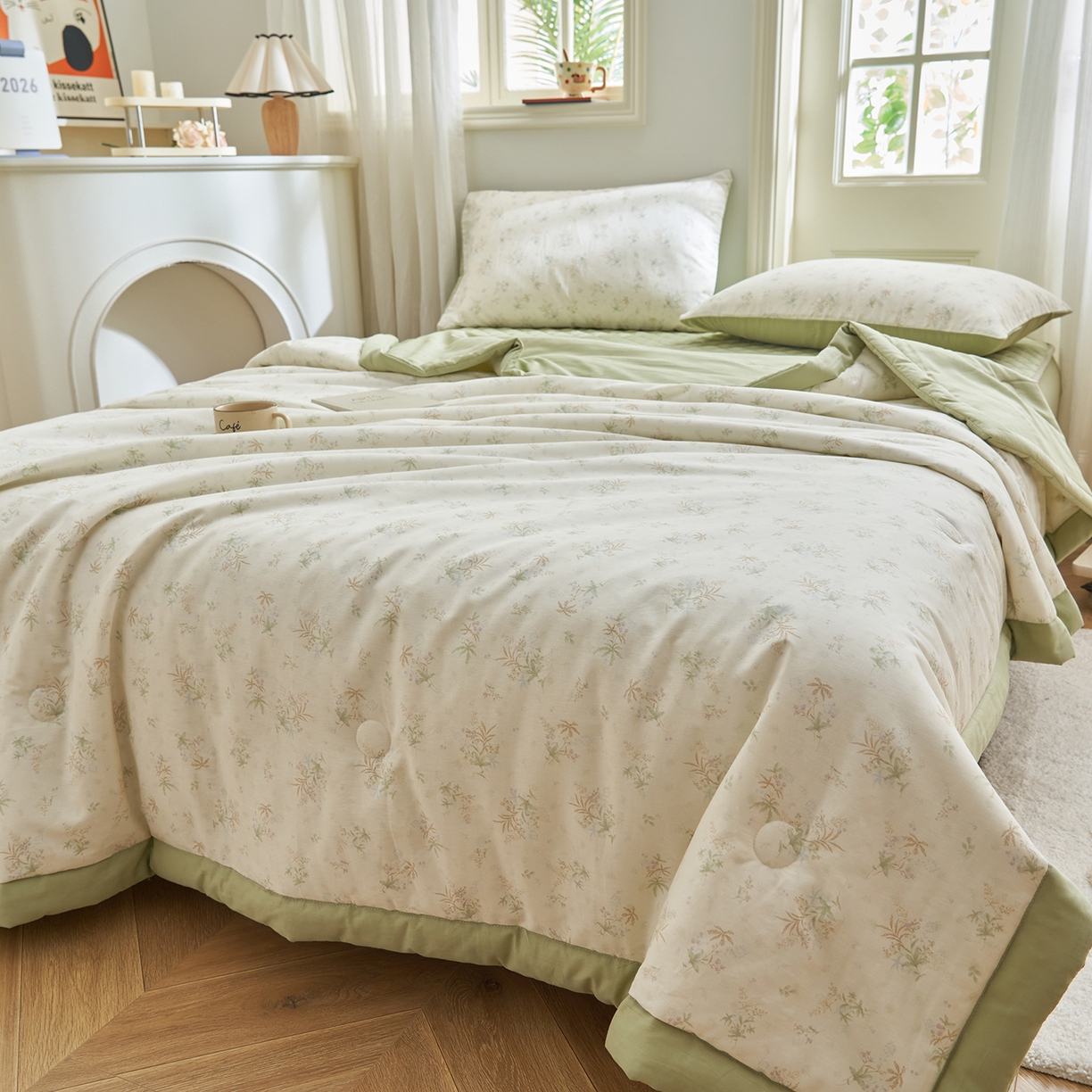 91家纺网 家纺一手货源 找家纺 吾诺家居 吾诺 2026新款 12868全棉印花棉花夏被四件套 全棉夏被四件套新疆棉花被 - 经典系列 浅春织叶