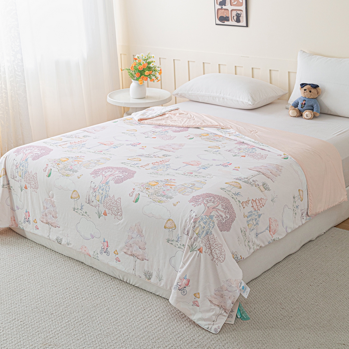 91家纺网 家纺一手货源 找家纺 亿莱鑫 2026新款数码印花凉感丝夏被 梦幻世界-粉