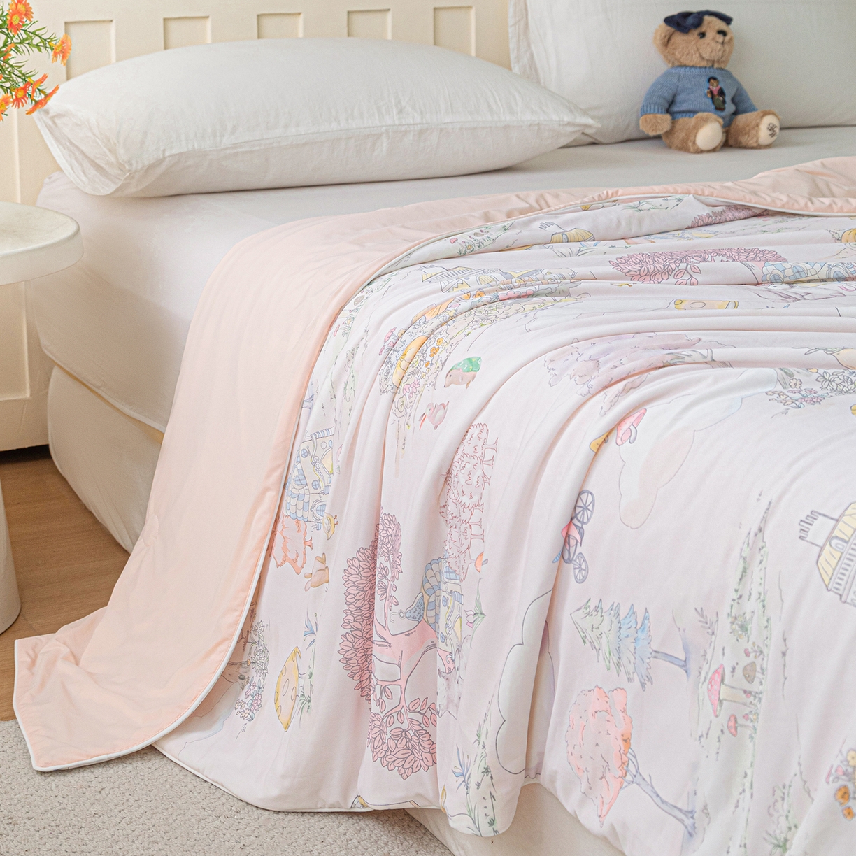 91家纺网 家纺一手货源 找家纺 亿莱鑫 2026新款数码印花凉感丝夏被 梦幻世界-粉