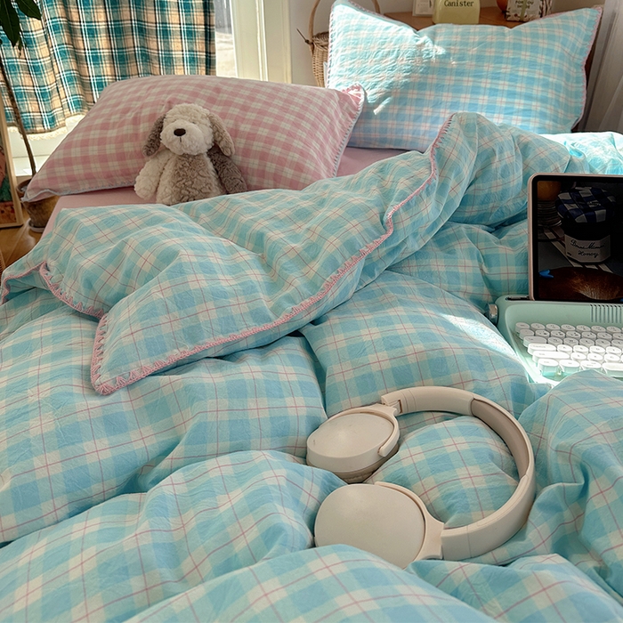 91家纺网 家纺一手货源 找家纺 （总）桃子家居 2026新款A类纯棉色织水洗棉韩系奶油撞色格子三角针贝壳边工艺四件套系列