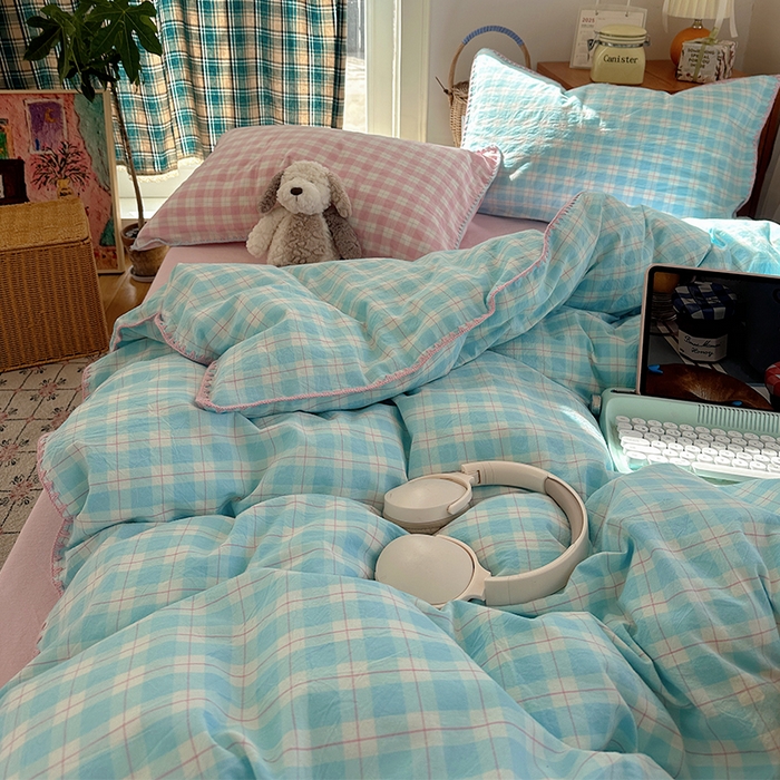 91家纺网 家纺一手货源 找家纺 （总）桃子家居 2026新款A类纯棉色织水洗棉韩系奶油撞色格子三角针贝壳边工艺四件套系列