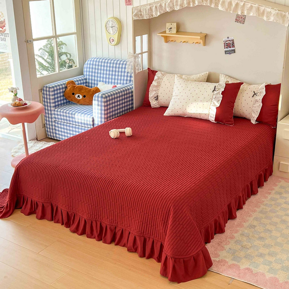 91家纺网 家纺一手货源 找家纺 美梦家纺 2026春夏新款加厚云感棉床盖四件套 波点红