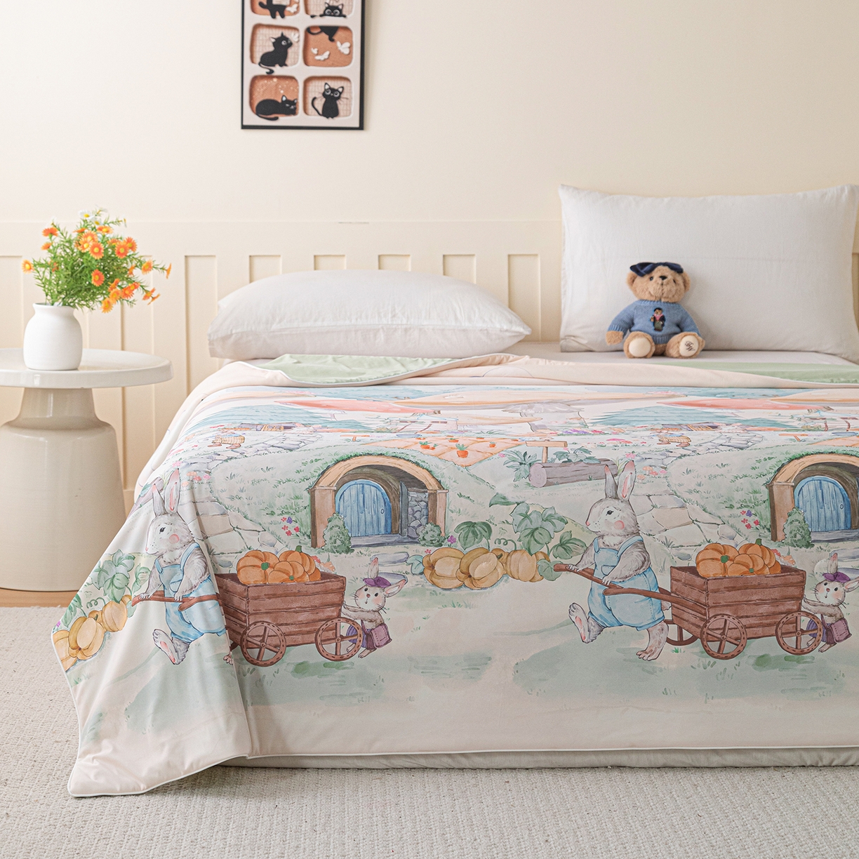 91家纺网 家纺一手货源 找家纺 亿莱鑫 2026新款数码印花凉感丝夏被 小兔家园