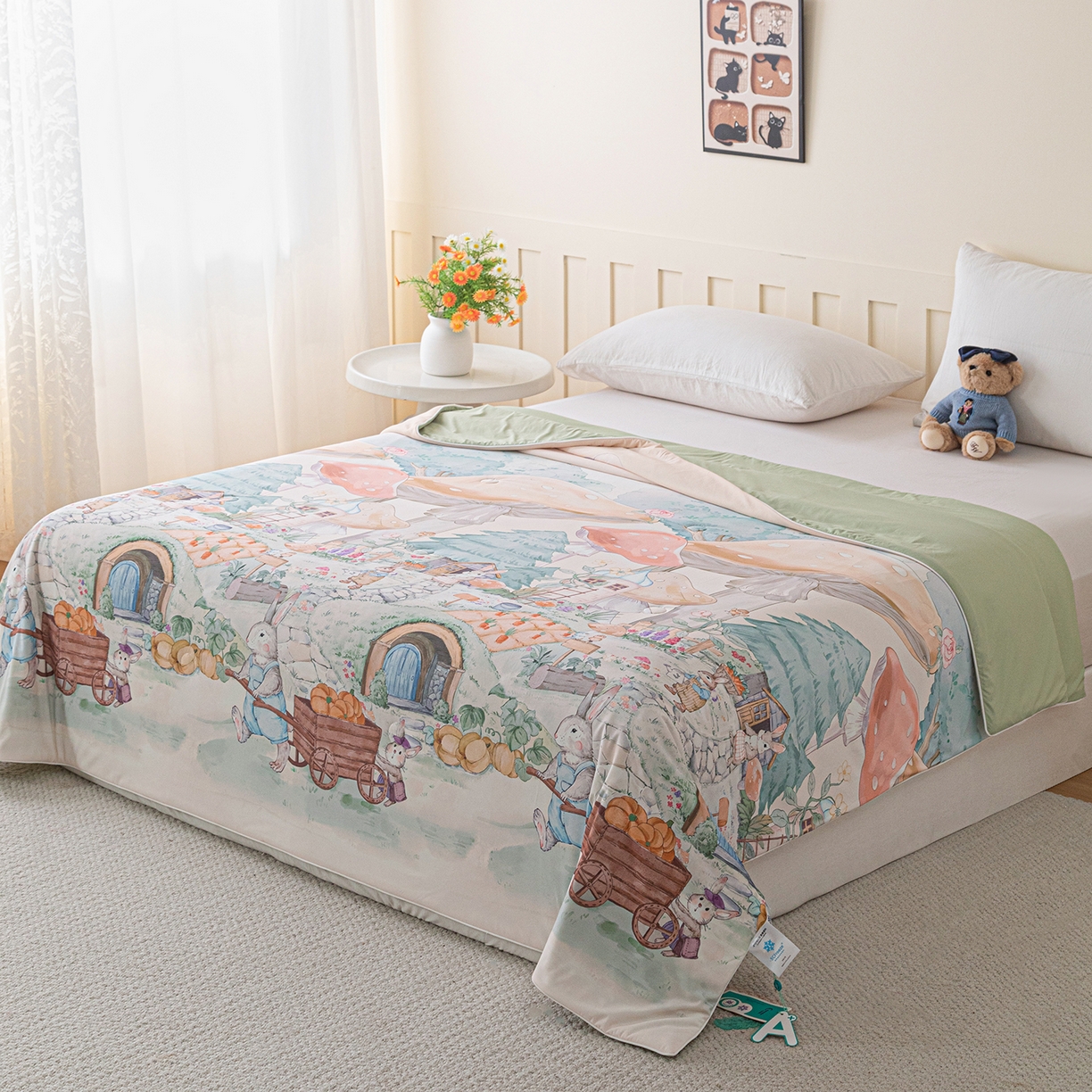 91家纺网 家纺一手货源 找家纺 亿莱鑫 2026新款数码印花凉感丝夏被 小兔家园