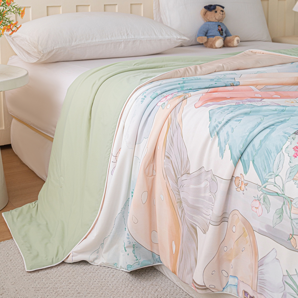 91家纺网 家纺一手货源 找家纺 亿莱鑫 2026新款数码印花凉感丝夏被 小兔家园