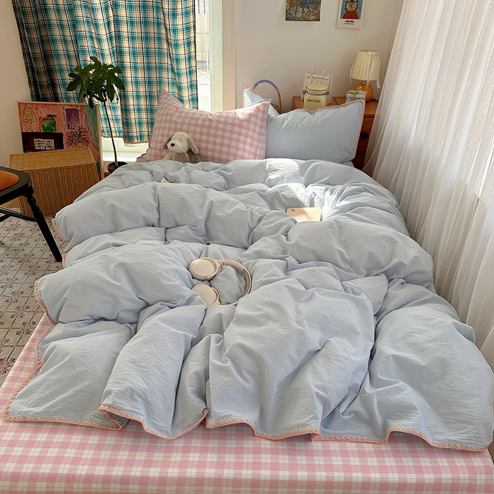 91家纺网 家纺一手货源 找家纺 （总）桃子家居 2026新款A类纯棉色织水洗棉韩系奶油撞色格子三角针贝壳边工艺四件套系列