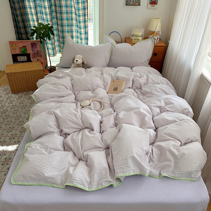 91家纺网 家纺一手货源 找家纺 （总）桃子家居 2026新款A类纯棉色织水洗棉韩系奶油撞色格子三角针贝壳边工艺四件套系列