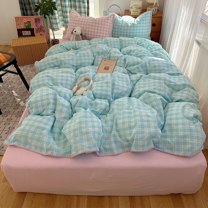 桃子家居 2026新款A类纯棉色织水洗棉韩系奶油撞色格子三角针贝壳边工艺四件套系列 棉三角针-薄荷桃桃