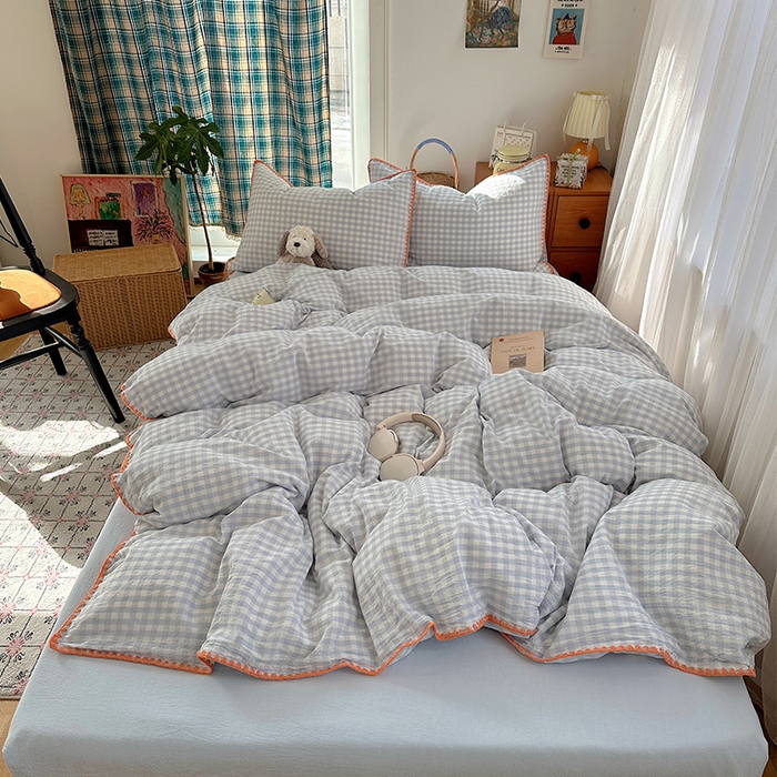 桃子家居 2026新款A类纯棉色织水洗棉韩系奶油撞色格子三角针贝壳边工艺四件套系列 棉三角针-海盐橘子