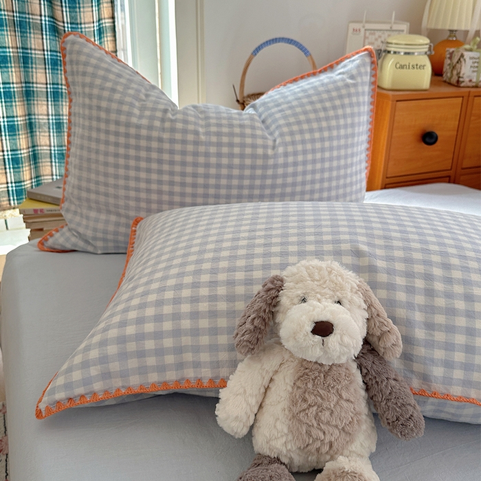 91家纺网 家纺一手货源 找家纺 桃子家居 2026新款A类纯棉色织水洗棉韩系奶油撞色格子三角针贝壳边工艺四件套系列 棉三角针-海盐橘子