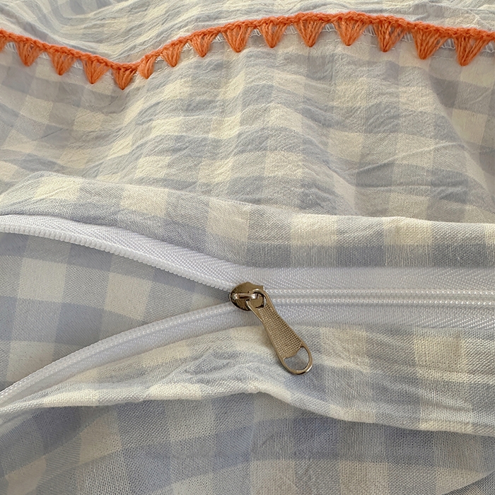 91家纺网 家纺一手货源 找家纺 桃子家居 2026新款A类纯棉色织水洗棉韩系奶油撞色格子三角针贝壳边工艺四件套系列 棉三角针-海盐橘子