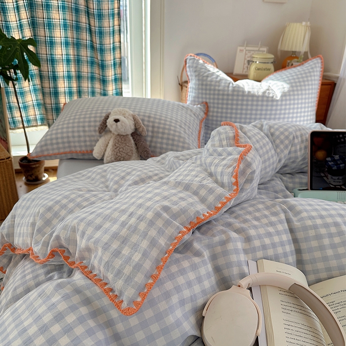 91家纺网 家纺一手货源 找家纺 桃子家居 2026新款A类纯棉色织水洗棉韩系奶油撞色格子三角针贝壳边工艺四件套系列 棉三角针-海盐橘子