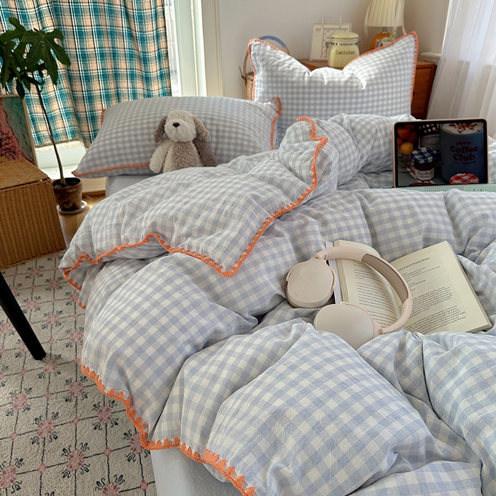 91家纺网 家纺一手货源 找家纺 桃子家居 2026新款A类纯棉色织水洗棉韩系奶油撞色格子三角针贝壳边工艺四件套系列 棉三角针-海盐橘子