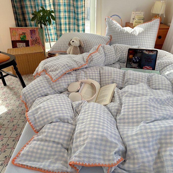 91家纺网 家纺一手货源 找家纺 桃子家居 2026新款A类纯棉色织水洗棉韩系奶油撞色格子三角针贝壳边工艺四件套系列 棉三角针-海盐橘子