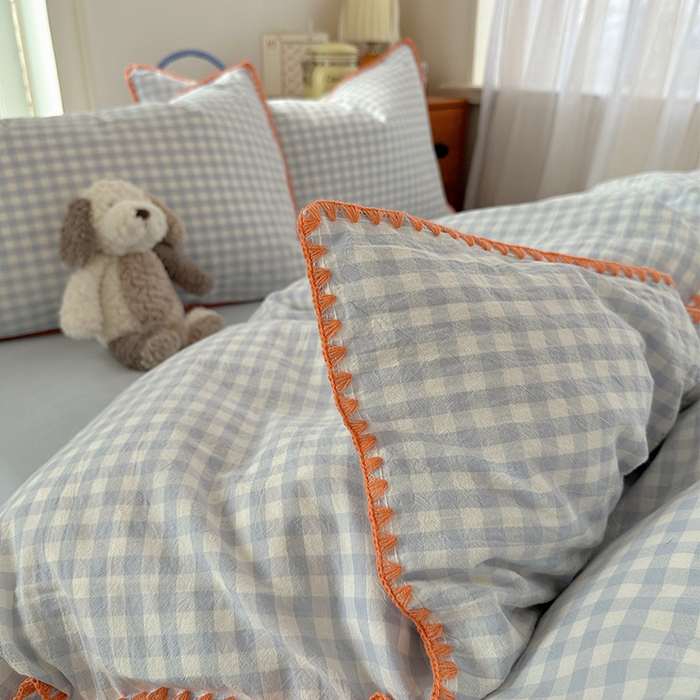 91家纺网 家纺一手货源 找家纺 桃子家居 2026新款A类纯棉色织水洗棉韩系奶油撞色格子三角针贝壳边工艺四件套系列 棉三角针-海盐橘子