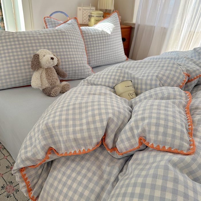 91家纺网 家纺一手货源 找家纺 桃子家居 2026新款A类纯棉色织水洗棉韩系奶油撞色格子三角针贝壳边工艺四件套系列 棉三角针-海盐橘子