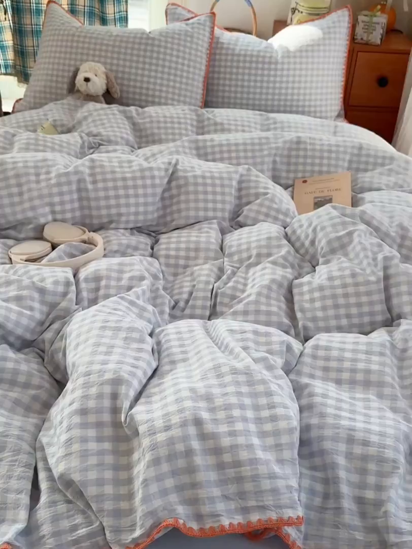 91家纺网 家纺一手货源 找家纺 桃子家居 2026新款A类纯棉色织水洗棉韩系奶油撞色格子三角针贝壳边工艺四件套系列 棉三角针-海盐橘子