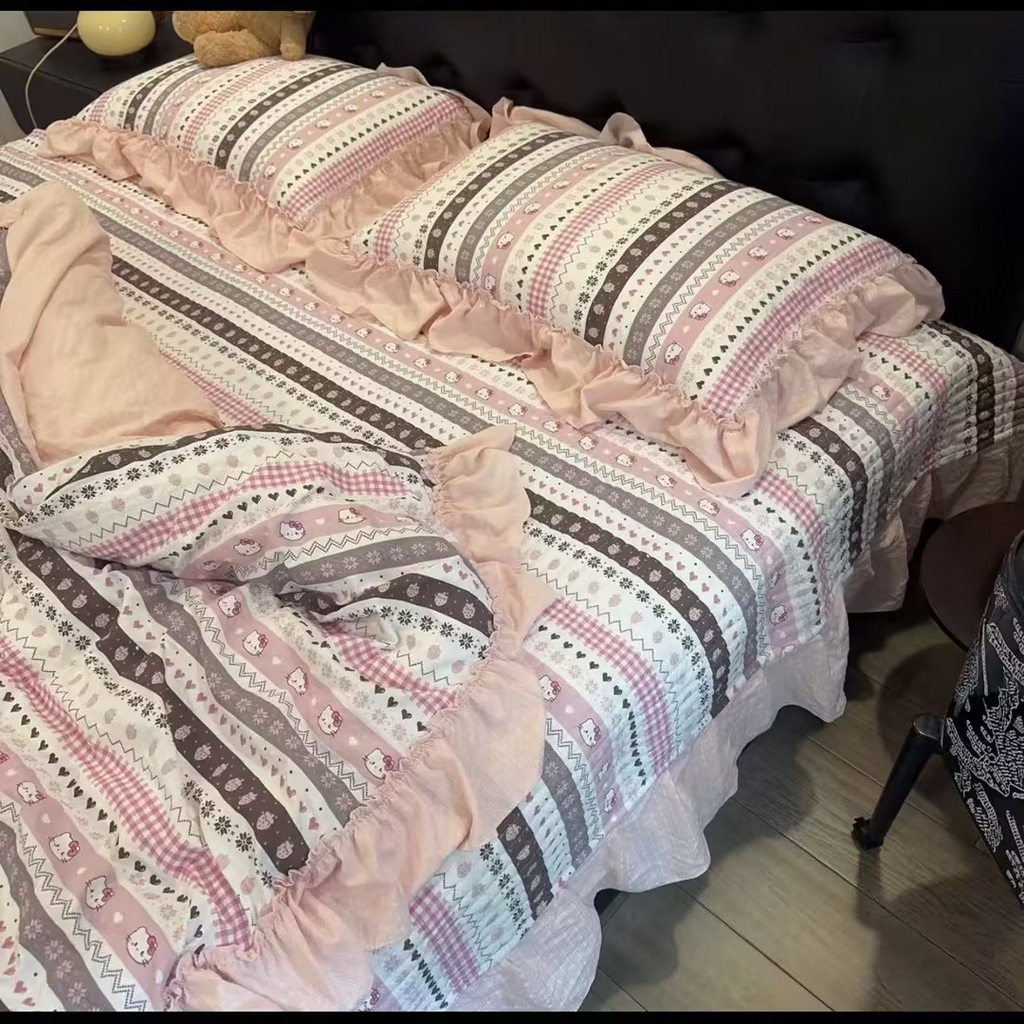 91家纺网 家纺一手货源 找家纺 欧尚 2026新款花边床盖四件套 猫咪酱