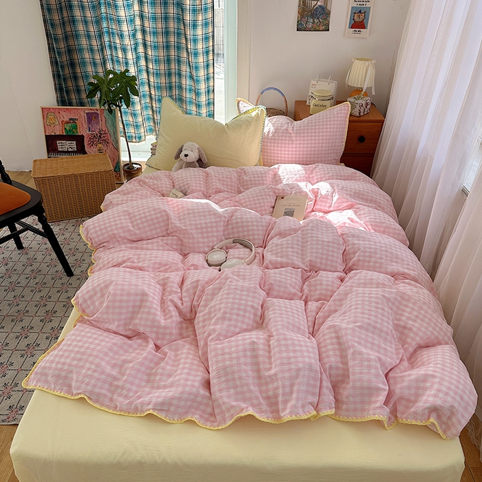 桃子家居 2026新款A类纯棉色织水洗棉韩系奶油撞色格子三角针贝壳边工艺四件套系列 棉三角针-蜜桃奶酥