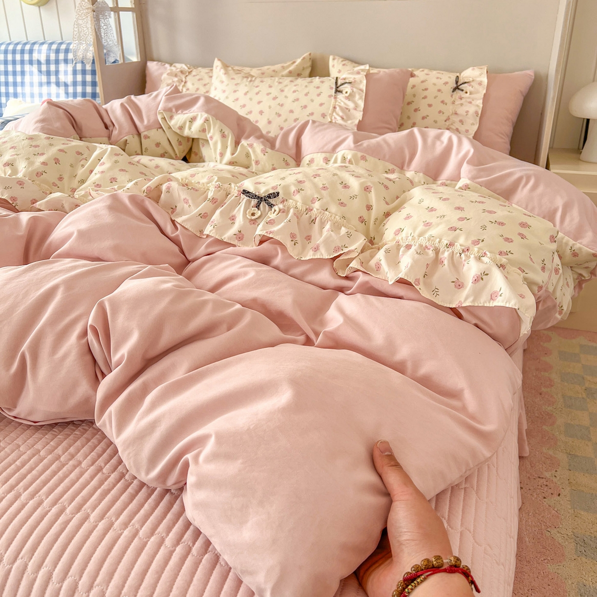 91家纺网 家纺一手货源 找家纺 美梦家纺 2026春夏新款加厚云感棉床盖四件套 小玫瑰