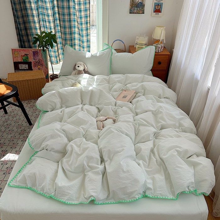 桃子家居 2026新款A类纯棉色织水洗棉韩系奶油撞色格子三角针贝壳边工艺四件套系列 棉三角针-青柠薄荷