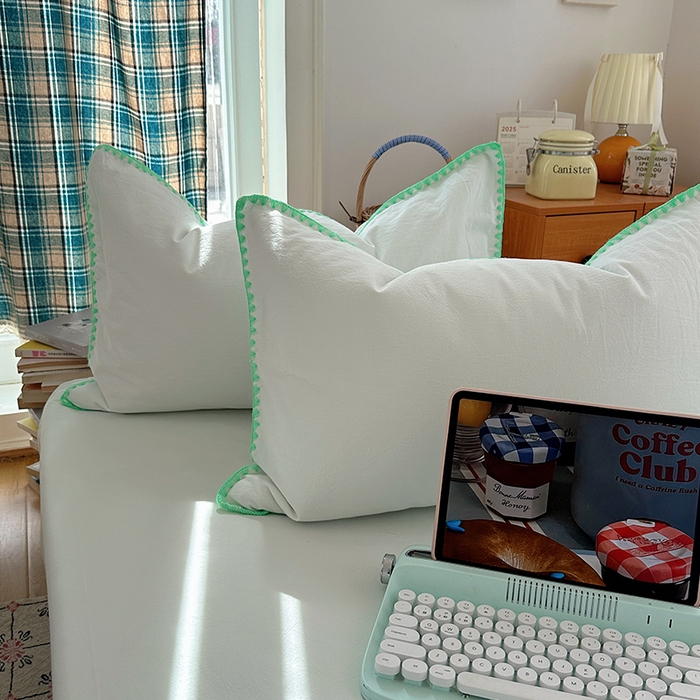 91家纺网 家纺一手货源 找家纺 桃子家居 2026新款A类纯棉色织水洗棉韩系奶油撞色格子三角针贝壳边工艺四件套系列 棉三角针-青柠薄荷