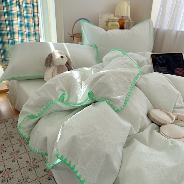 91家纺网 家纺一手货源 找家纺 桃子家居 2026新款A类纯棉色织水洗棉韩系奶油撞色格子三角针贝壳边工艺四件套系列 棉三角针-青柠薄荷