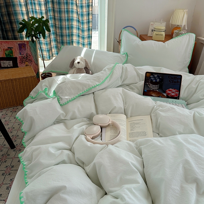 91家纺网 家纺一手货源 找家纺 桃子家居 2026新款A类纯棉色织水洗棉韩系奶油撞色格子三角针贝壳边工艺四件套系列 棉三角针-青柠薄荷