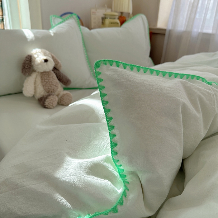 91家纺网 家纺一手货源 找家纺 桃子家居 2026新款A类纯棉色织水洗棉韩系奶油撞色格子三角针贝壳边工艺四件套系列 棉三角针-青柠薄荷