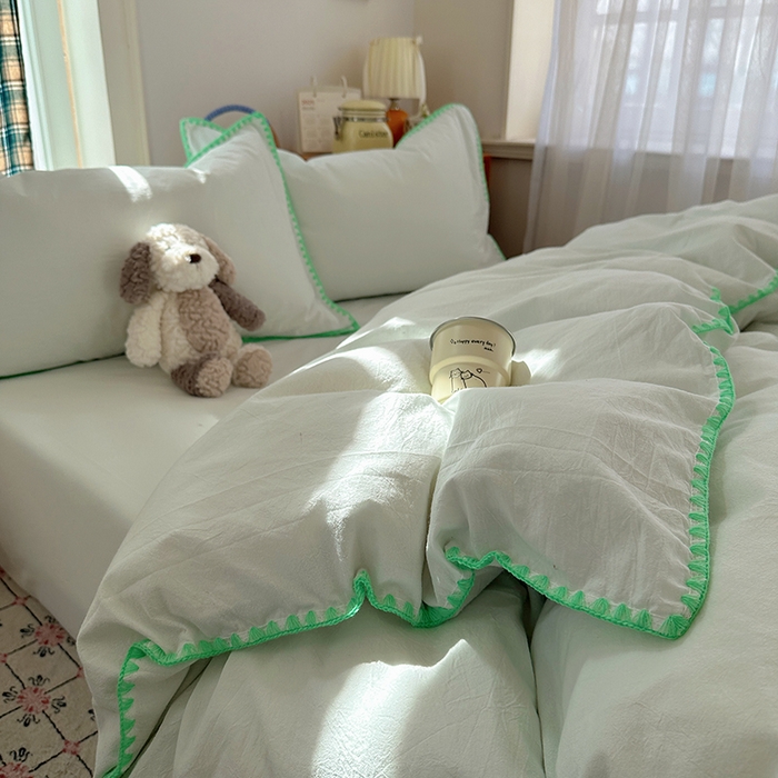 91家纺网 家纺一手货源 找家纺 桃子家居 2026新款A类纯棉色织水洗棉韩系奶油撞色格子三角针贝壳边工艺四件套系列 棉三角针-青柠薄荷