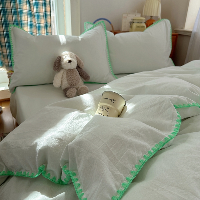 91家纺网 家纺一手货源 找家纺 桃子家居 2026新款A类纯棉色织水洗棉韩系奶油撞色格子三角针贝壳边工艺四件套系列 棉三角针-青柠薄荷