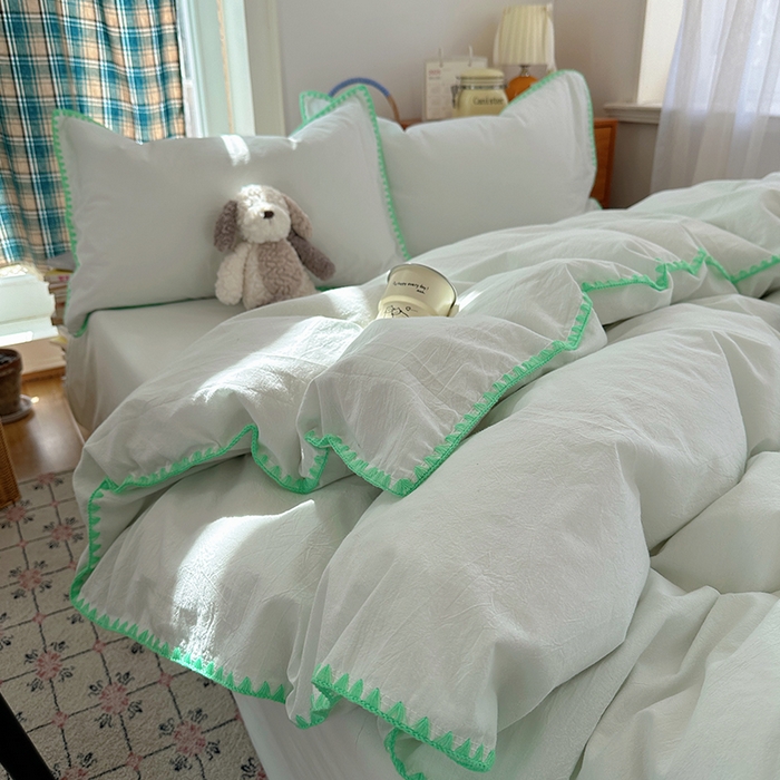 91家纺网 家纺一手货源 找家纺 桃子家居 2026新款A类纯棉色织水洗棉韩系奶油撞色格子三角针贝壳边工艺四件套系列 棉三角针-青柠薄荷