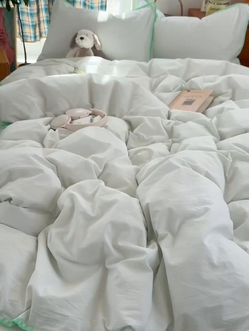 91家纺网 家纺一手货源 找家纺 桃子家居 2026新款A类纯棉色织水洗棉韩系奶油撞色格子三角针贝壳边工艺四件套系列 棉三角针-青柠薄荷